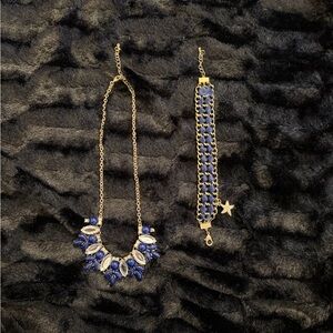 Elegant Royal Blue and Gold Necklace and Handmade Ribbon Bracelet Set